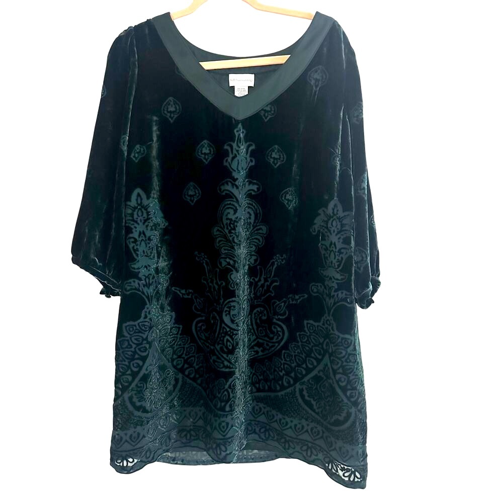 SOFT SURROUNDINGS Dark Green Silk-Blend Velvet Burnout Tunic Mini Dress - Sz M - Picture 1 of 4
